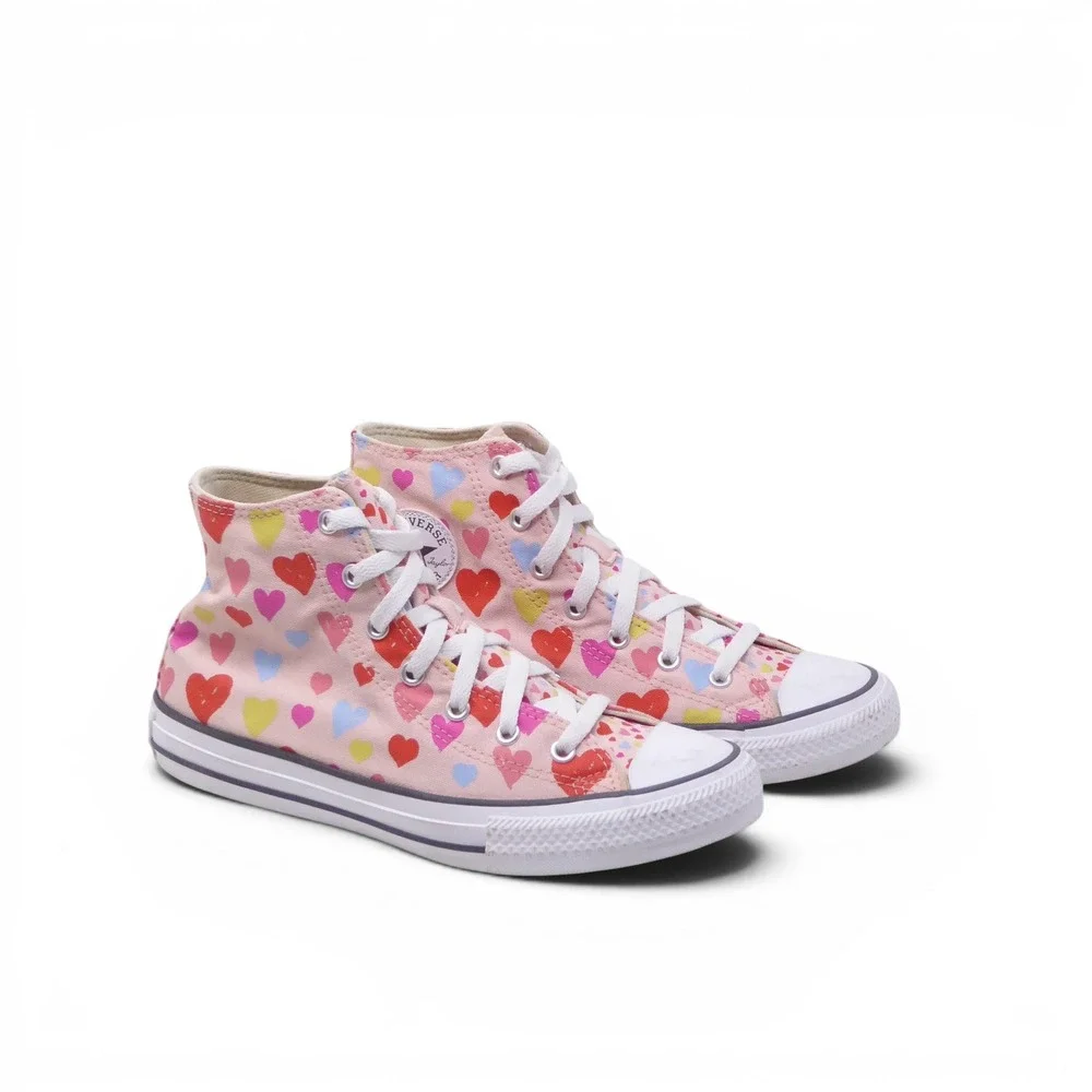 Converse Kid Junior High Top Sneakers Pink Red Heart Print Canvas Size 5.5